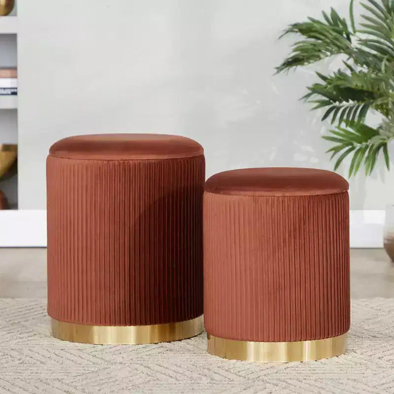 LumiSource Marla Nesting Pleated Ottoman Set Gold/Light Brown Velvet