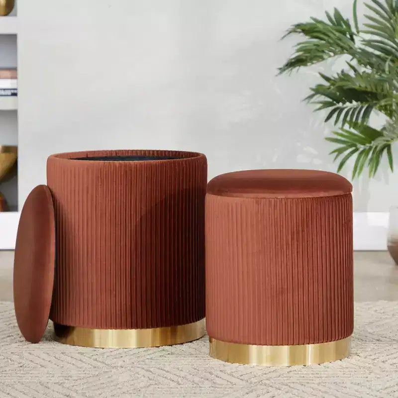 LumiSource Marla Nesting Pleated Ottoman Set Gold/Light Brown Velvet