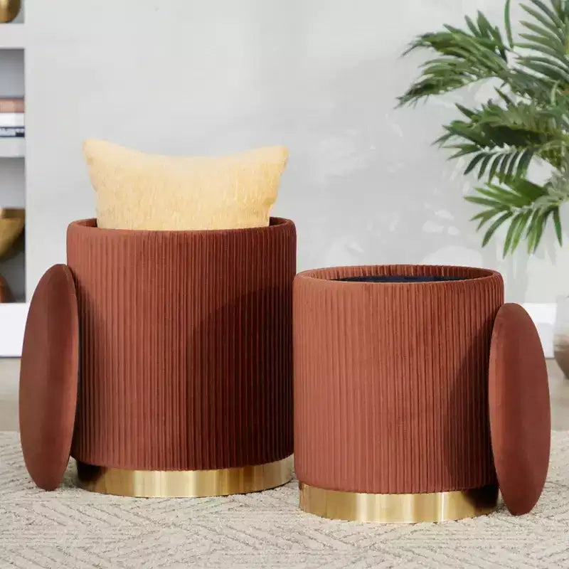 LumiSource Marla Nesting Pleated Ottoman Set Gold/Light Brown Velvet