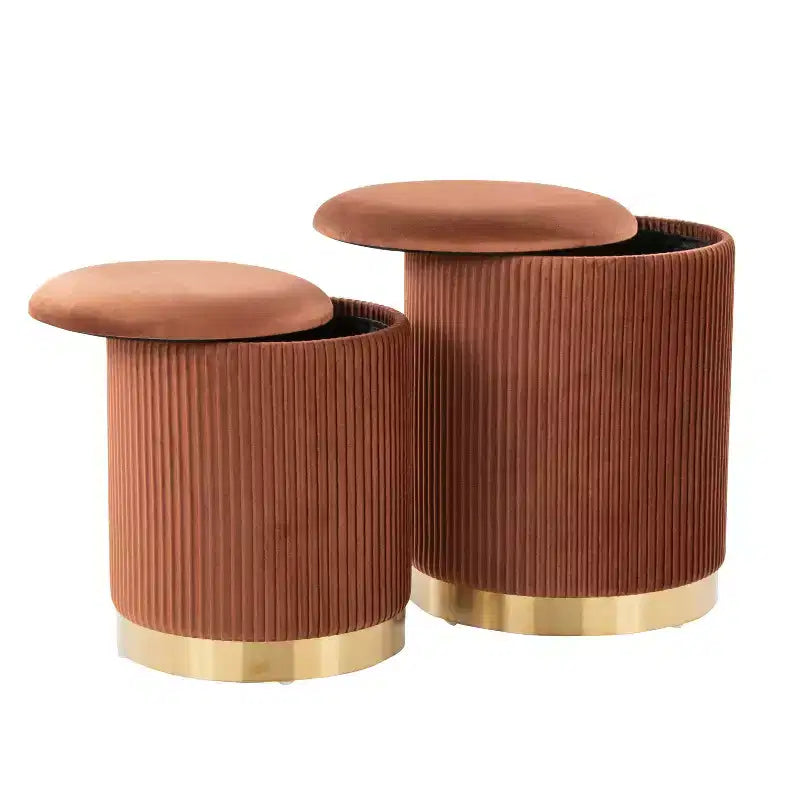 LumiSource Marla Nesting Pleated Ottoman Set Gold/Light Brown Velvet