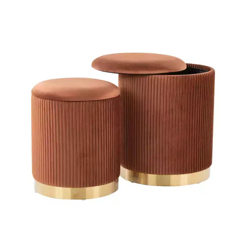 LumiSource Marla Nesting Pleated Ottoman Set Gold/Light Brown Velvet