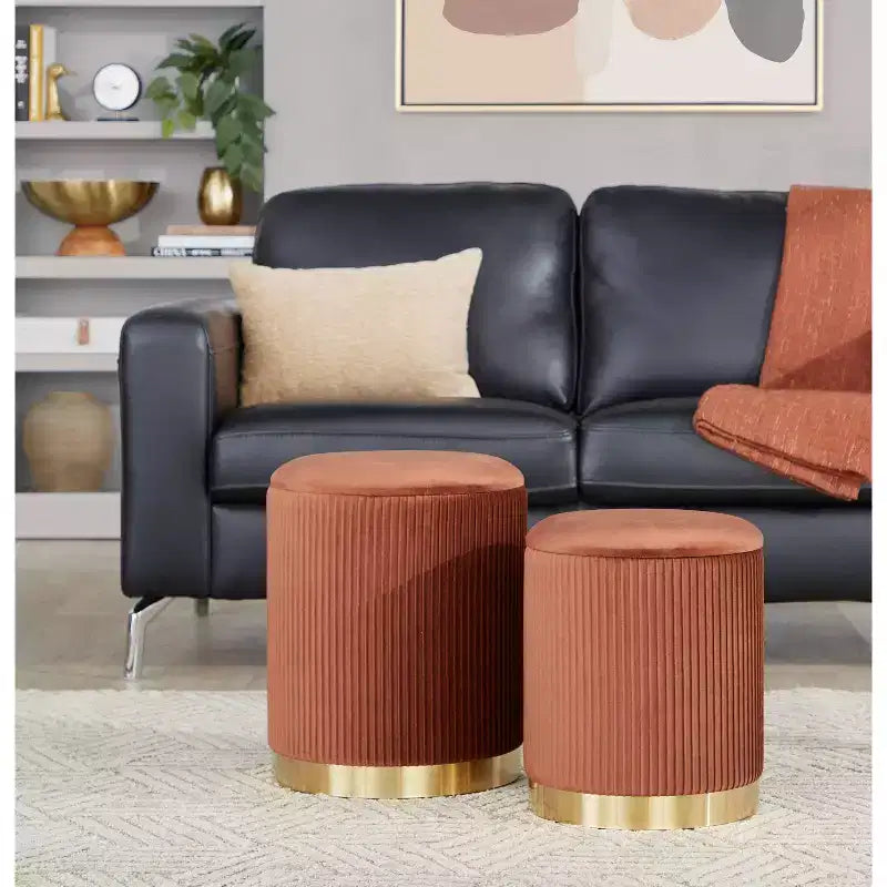 LumiSource Marla Nesting Pleated Ottoman Set Gold/Light Brown Velvet