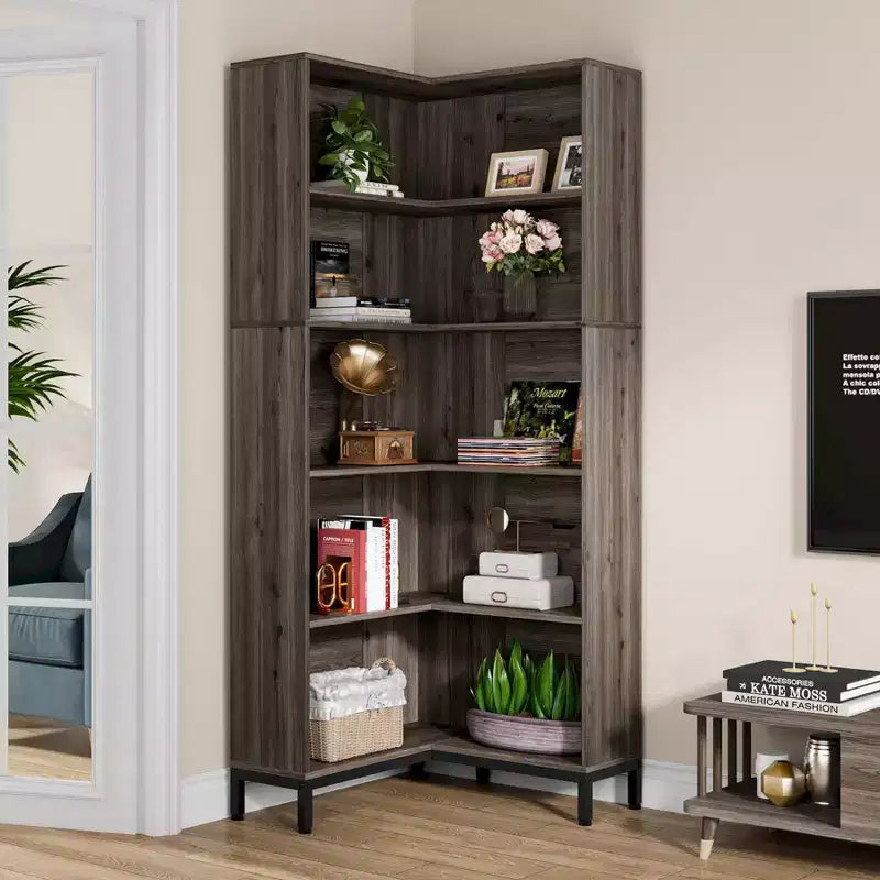 LITTLE TREE 70.86" 6 Tier Tall Corner Etagere Bookcase Gray/Black
