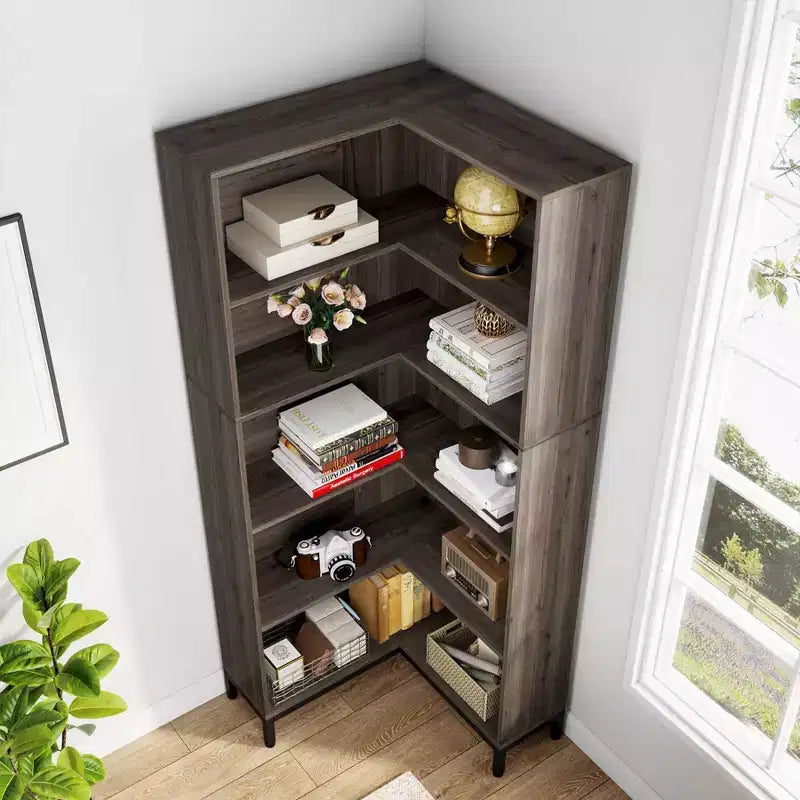 LITTLE TREE 70.86" 6 Tier Tall Corner Etagere Bookcase Gray/Black