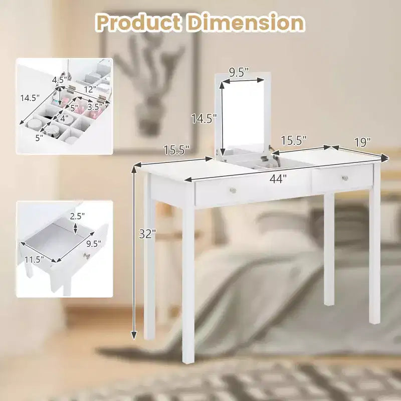 Costway 2-In-1 Vanity Table with Flip-Top Mirror 2 Drawers 9-Slot Storage Compartment White