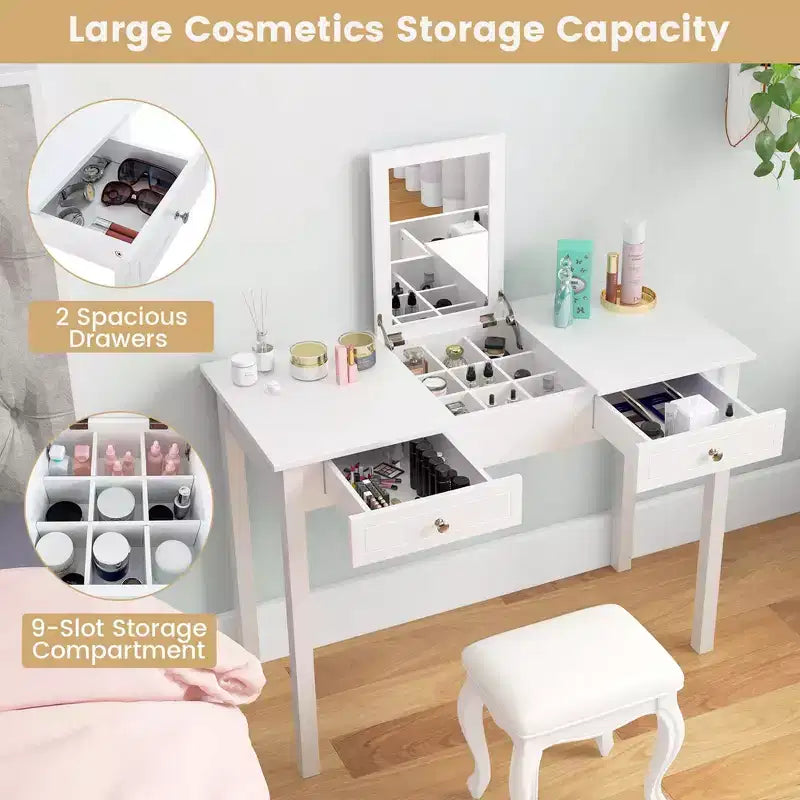 Costway 2-In-1 Vanity Table with Flip-Top Mirror 2 Drawers 9-Slot Storage Compartment White