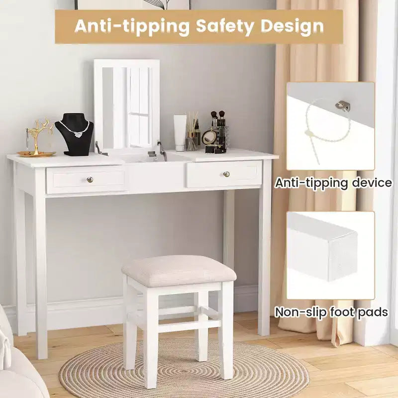 Costway 2-In-1 Vanity Table with Flip-Top Mirror 2 Drawers 9-Slot Storage Compartment White
