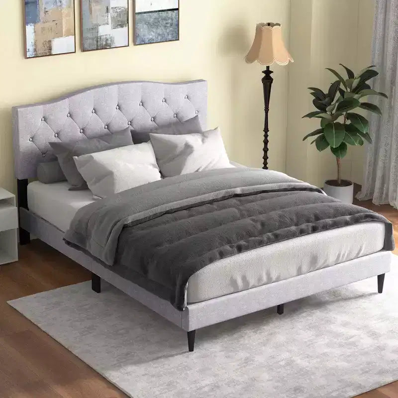 Costway Queen Size Upholstered Platform Bed Linen Bed Frame with Button Tufted Headboard