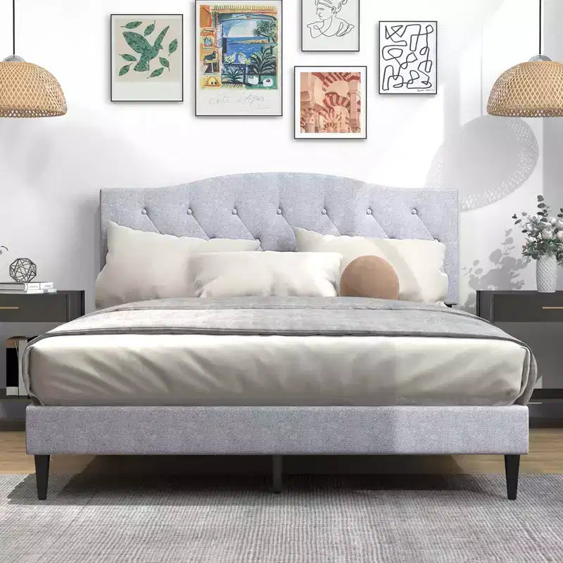 Costway Queen Size Upholstered Platform Bed Linen Bed Frame with Button Tufted Headboard