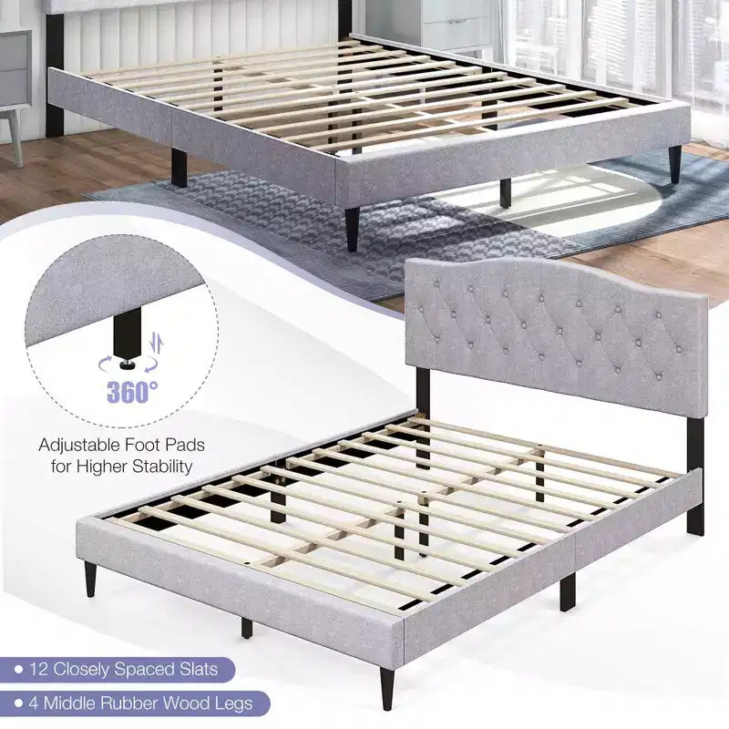 Costway Queen Size Upholstered Platform Bed Linen Bed Frame with Button Tufted Headboard