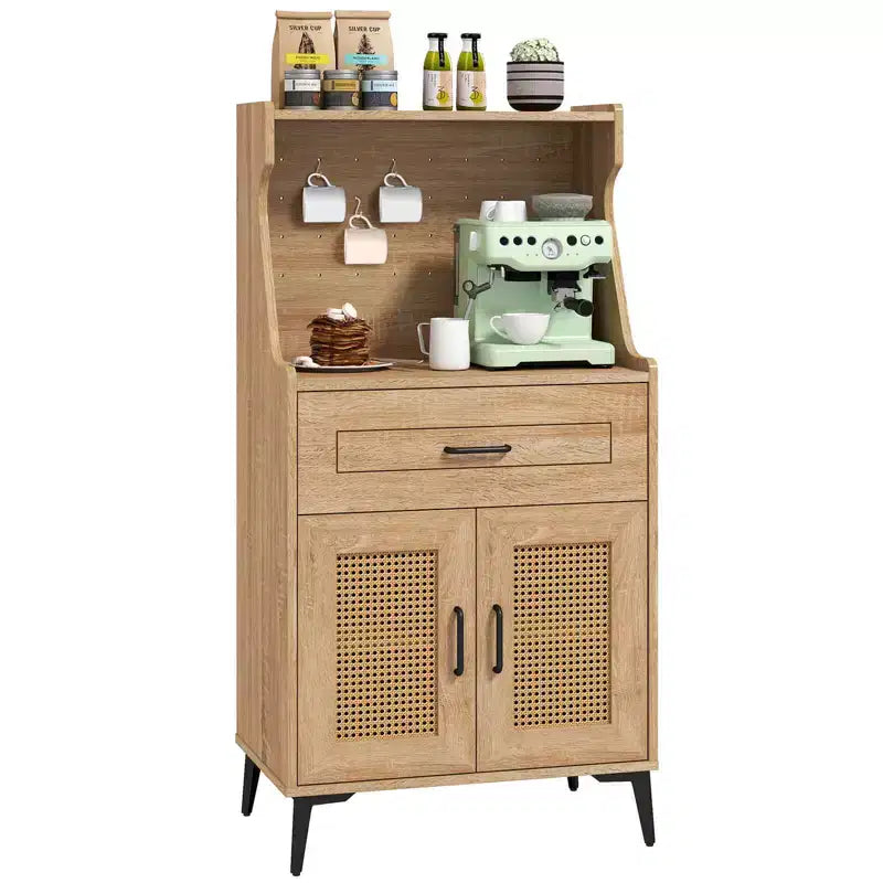 Costway 45.5 Kitchen Pantry Cabinet Rattan Buffet Sideboard with Hutch DIY Pegboard Adjustable Shelves Metal Legs