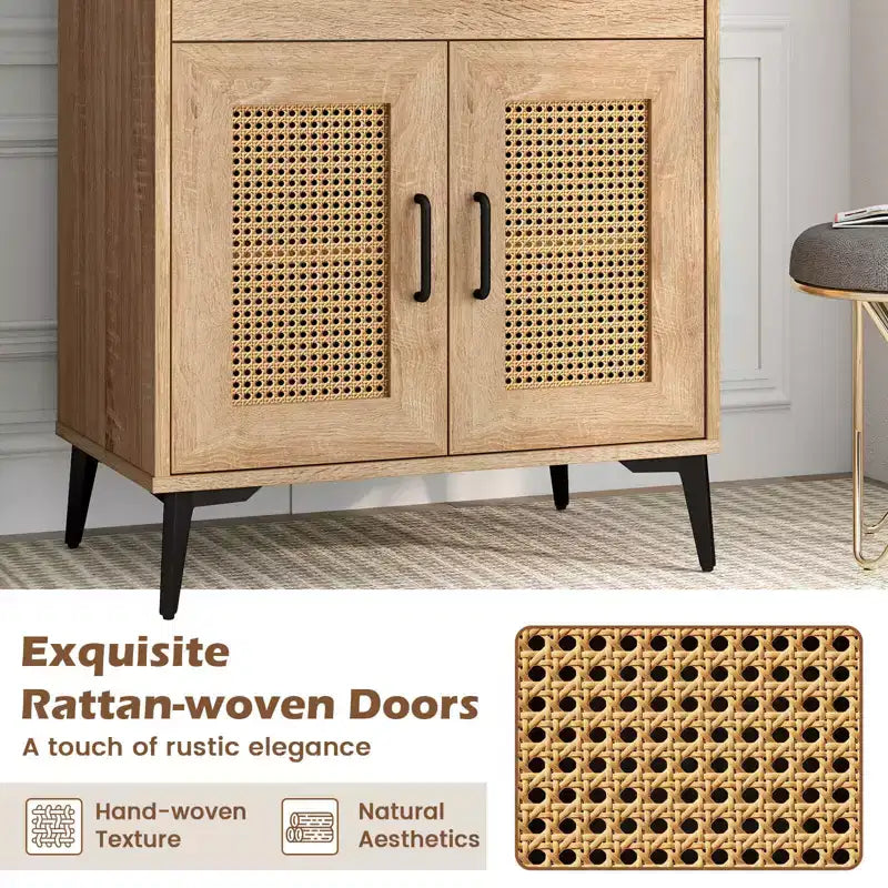 Costway 45.5 Kitchen Pantry Cabinet Rattan Buffet Sideboard with Hutch DIY Pegboard Adjustable Shelves Metal Legs