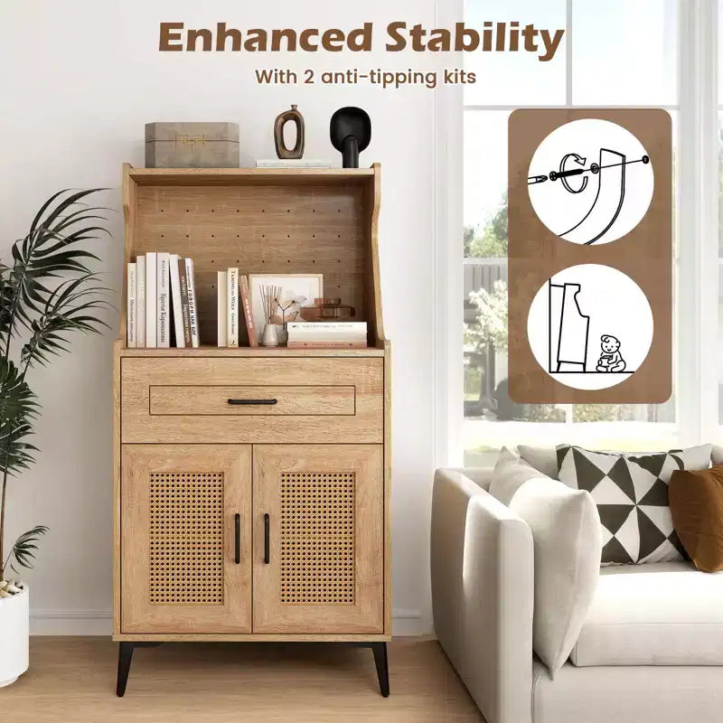 Costway 45.5 Kitchen Pantry Cabinet Rattan Buffet Sideboard with Hutch DIY Pegboard Adjustable Shelves Metal Legs