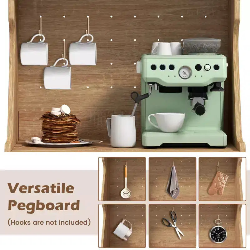 Costway 45.5 Kitchen Pantry Cabinet Rattan Buffet Sideboard with Hutch DIY Pegboard Adjustable Shelves Metal Legs