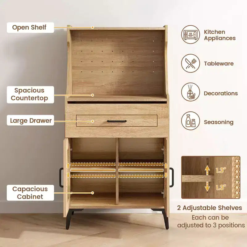Costway 45.5 Kitchen Pantry Cabinet Rattan Buffet Sideboard with Hutch DIY Pegboard Adjustable Shelves Metal Legs